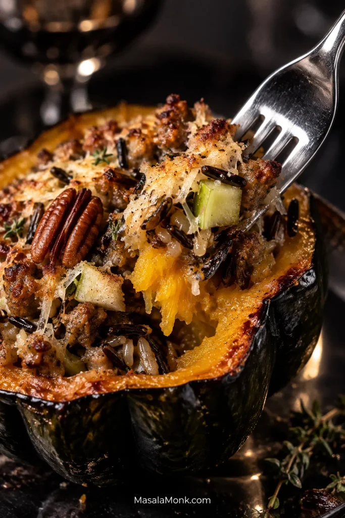 Close-up forkful containing orange acorn squash flesh, browned sausage, wild rice, green apple, pecan and Parmesan.