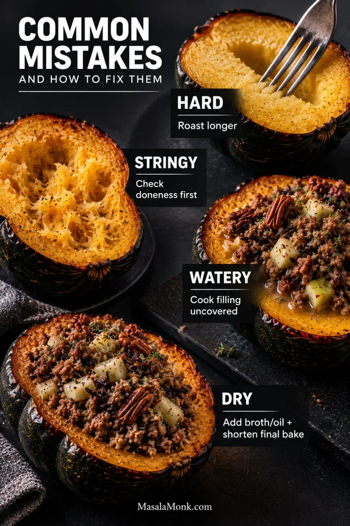 Troubleshooting graphic showing hard squash flesh, coarse stringy flesh, watery filling and dry filling, with a corrective action for each problem.