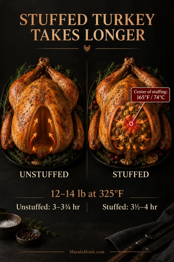 Split infographic comparing an unstuffed turkey cavity with a stuffed turkey cavity, with heat-flow arrows and a 165°F stuffing-center marker.