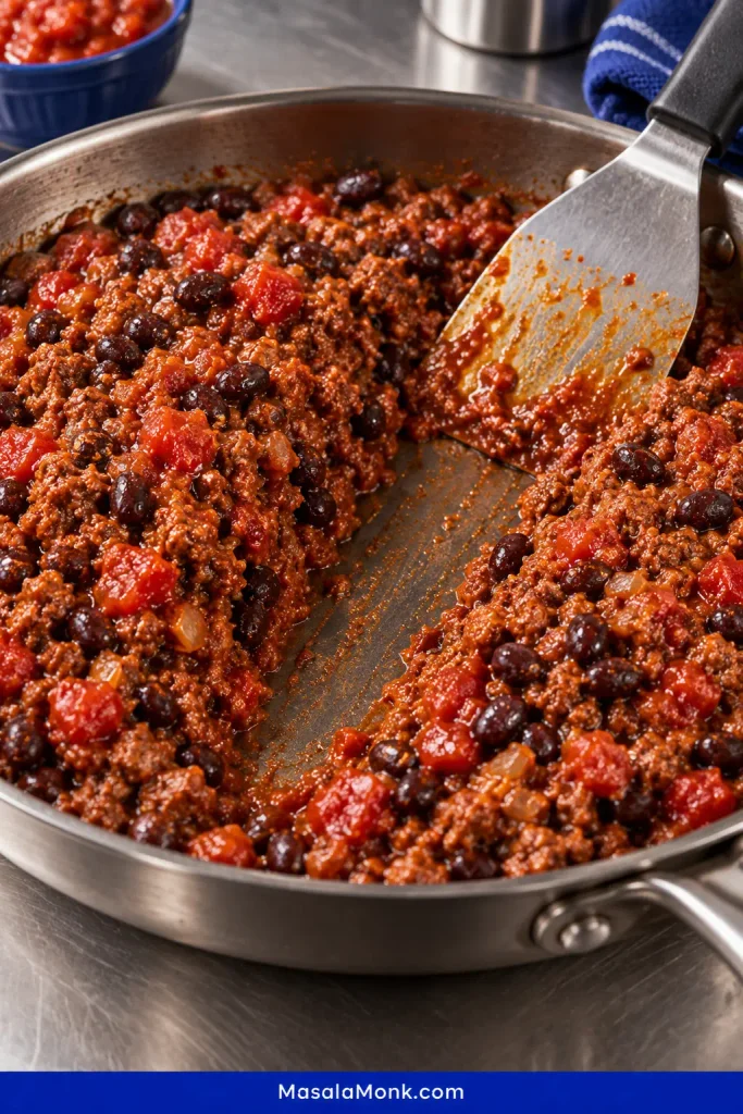 Ground beef, black beans and thick red salsa in a stainless skillet with a wide spatula-drawn channel through the center that remains visible without loose liquid pooling into it.