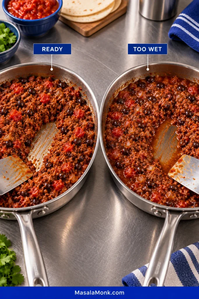 Two skillets of taco filling labeled READY and TOO WET; the ready filling is thick and cohesive, while the too-wet filling has visible liquid pooling around the ground beef and black beans.