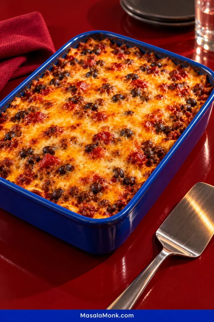 A baked taco casserole in a blue rectangular dish with melted golden cheese over ground beef, black beans and salsa, with light browning and bubbling around the edges.