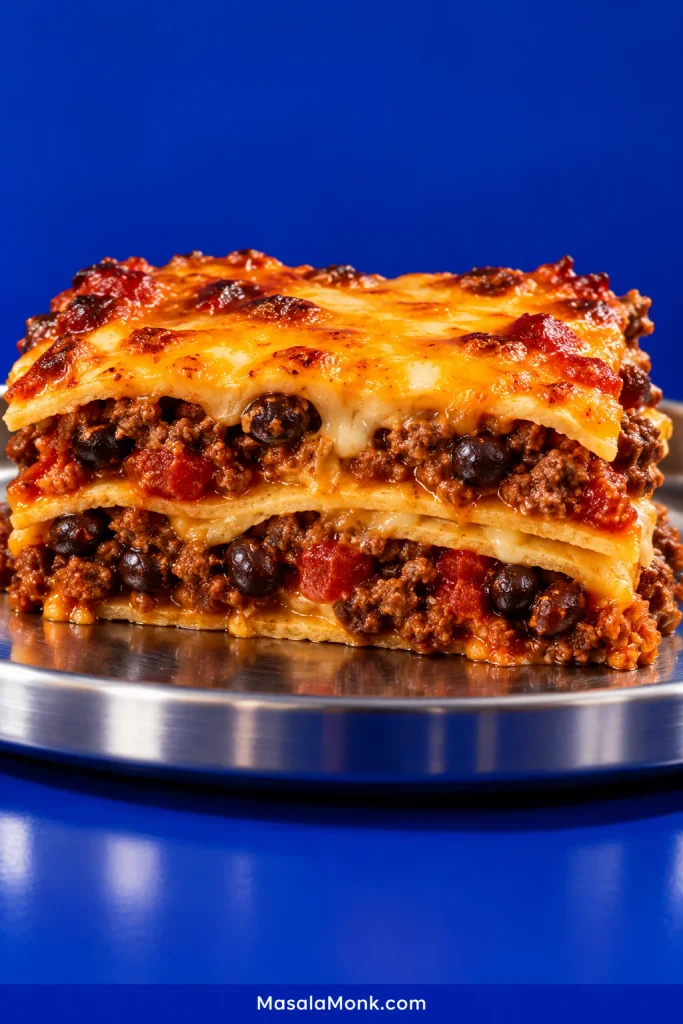 Side view of a taco casserole slice showing distinct layers of flour tortillas, ground beef, black beans, salsa and melted cheese.