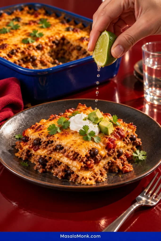 A hand squeezing fresh lime over a plated serving of taco casserole topped with sour cream, avocado and cilantro, with the blue casserole dish and a portion removed in the background.