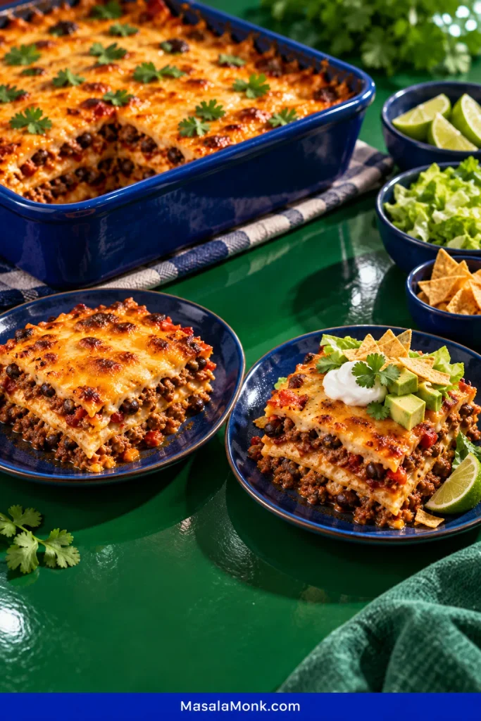Two servings of taco casserole side by side on a green table; one is served plain and the other is topped with sour cream, avocado, cilantro, crisp tortilla pieces and lime.