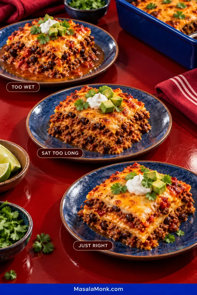 Three taco casserole servings labeled TOO WET, SAT TOO LONG and JUST RIGHT; the first has liquid pooled around it, the second has softer blended tortilla layers, and the third has clearer layers with cohesive filling.