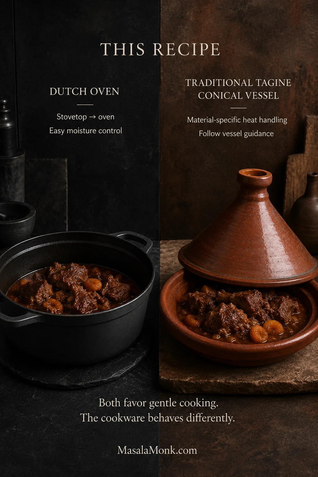 Black enameled Dutch oven beside a traditional conical clay tagine, both containing lamb and apricot braise, with text explaining that the cookware handles heat differently.