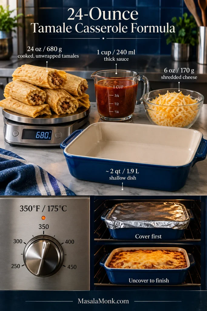 Visual formula showing 24 oz or 680 g cooked unwrapped tamales, 1 cup or 240 ml sauce, 6 oz or 170 g shredded cheese, a shallow 2-quart dish, and a 350°F oven with covered then uncovered baking.
