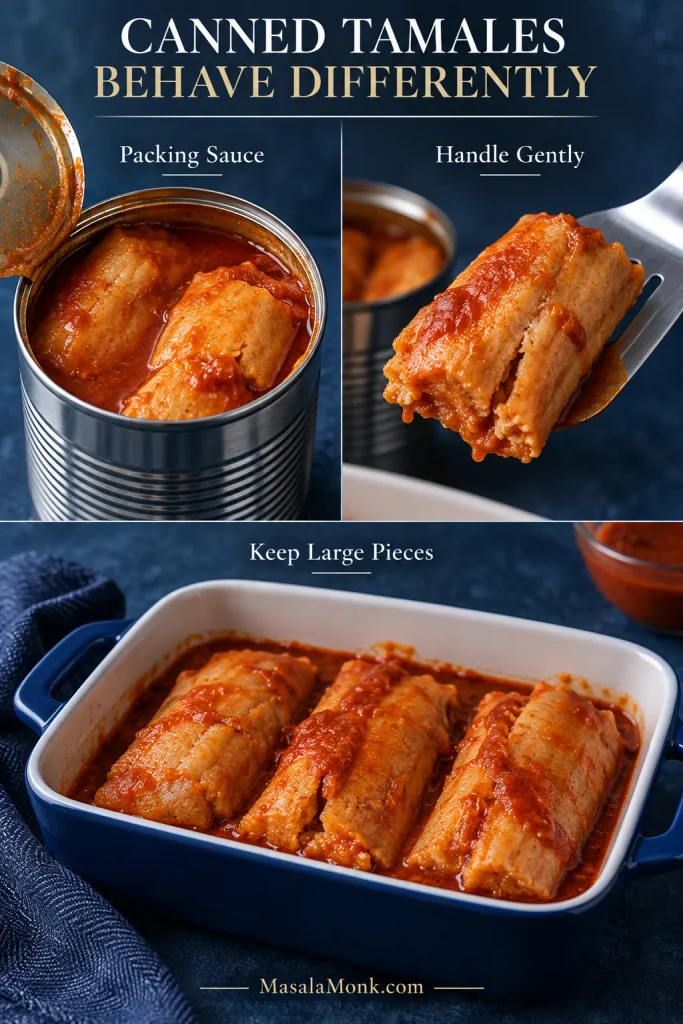 Three-part canned tamale guide showing tamales in packing sauce, one delicate tamale being lifted gently, and large canned tamale pieces arranged in a shallow casserole dish.