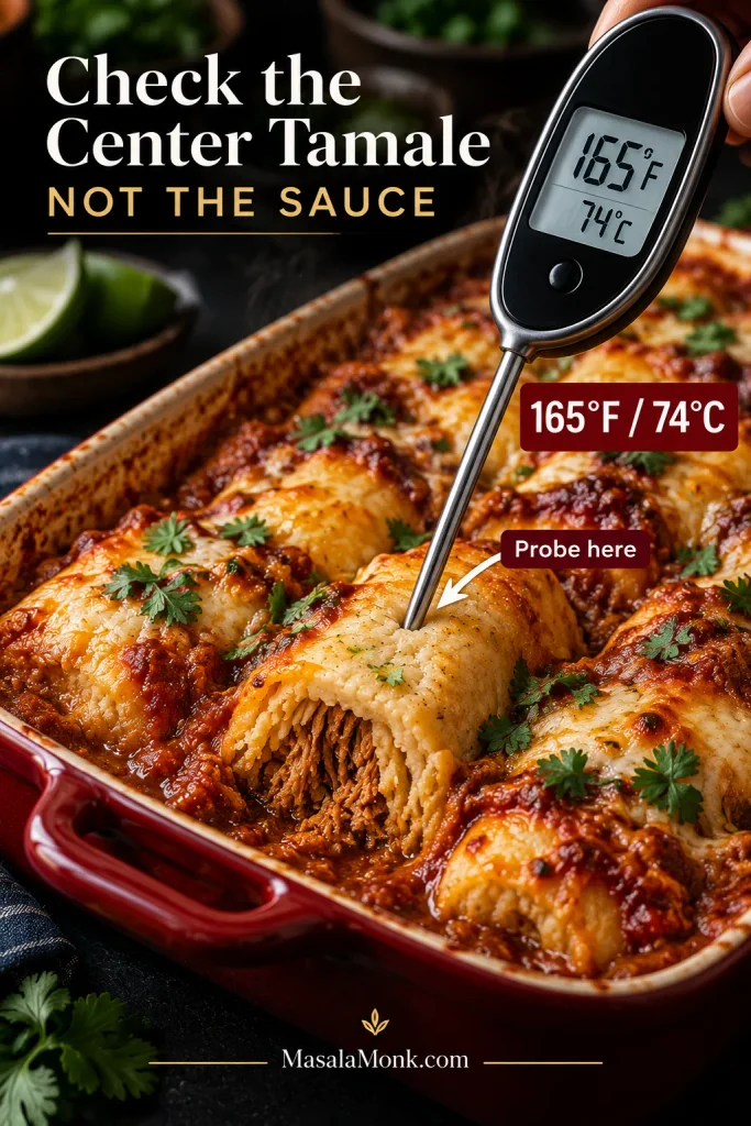 Food thermometer inserted into the center of an unwrapped tamale in a casserole, with the display reading 165°F and 74°C and text directing the reader to check the tamale rather than the sauce.
