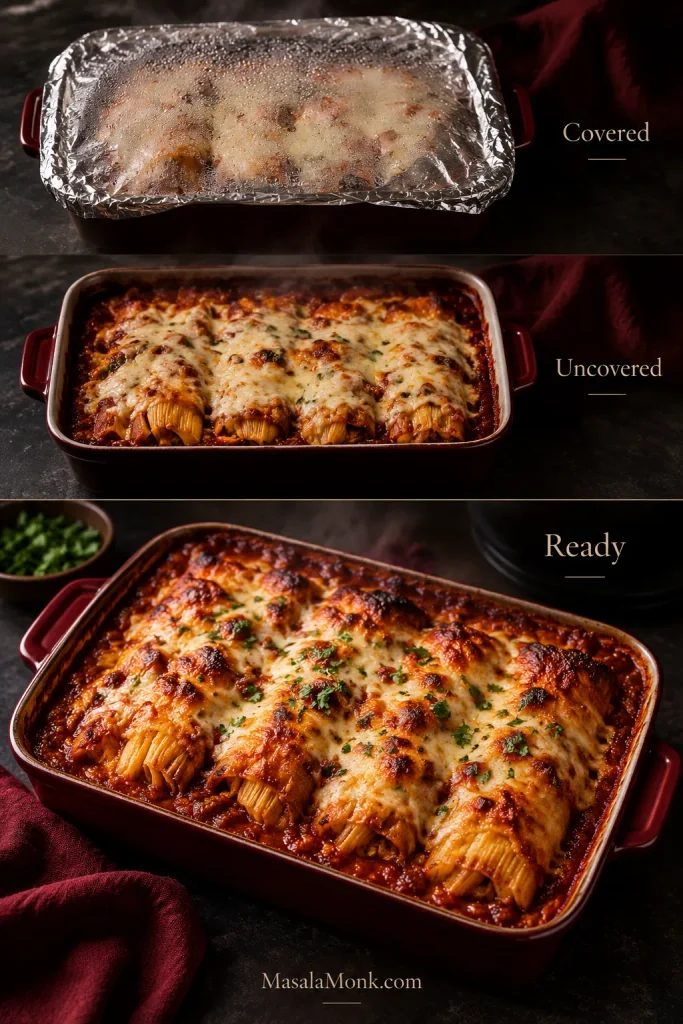 Three-stage tamale casserole comparison showing the dish covered with foil, then uncovered with melted cheese, and finally browned and ready to serve.
