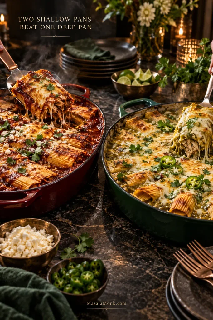 Two shallow tamale casseroles served side by side, one with red chile sauce in a red pan and one with green sauce in a green pan, both topped with browned cheese.