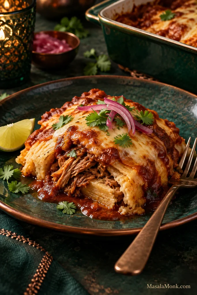 Close plated serving of tamale casserole showing pale masa around shredded meat filling, browned melted cheese, red chile sauce, cilantro, pickled onion and lime on a dark green plate.