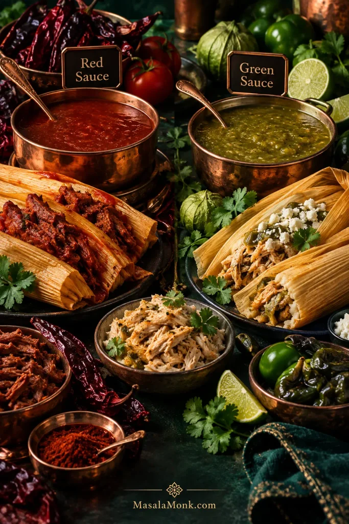 Red and green tamale sauce pairing display with red chile sauce beside meat-filled tamales and salsa verde beside cheese and green-chile tamales, with chicken shown as suitable for either.