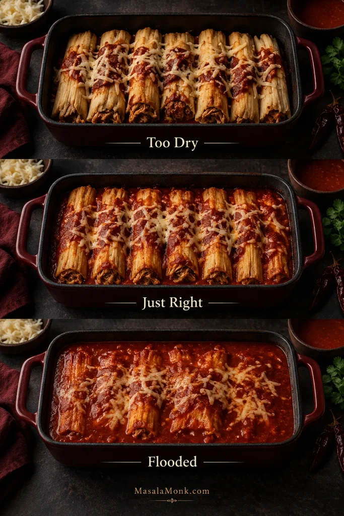 Three tamale casserole pans labeled Too Dry, Just Right and Flooded, comparing too little sauce, a light coating between visible tamales, and excessive pooled sauce.