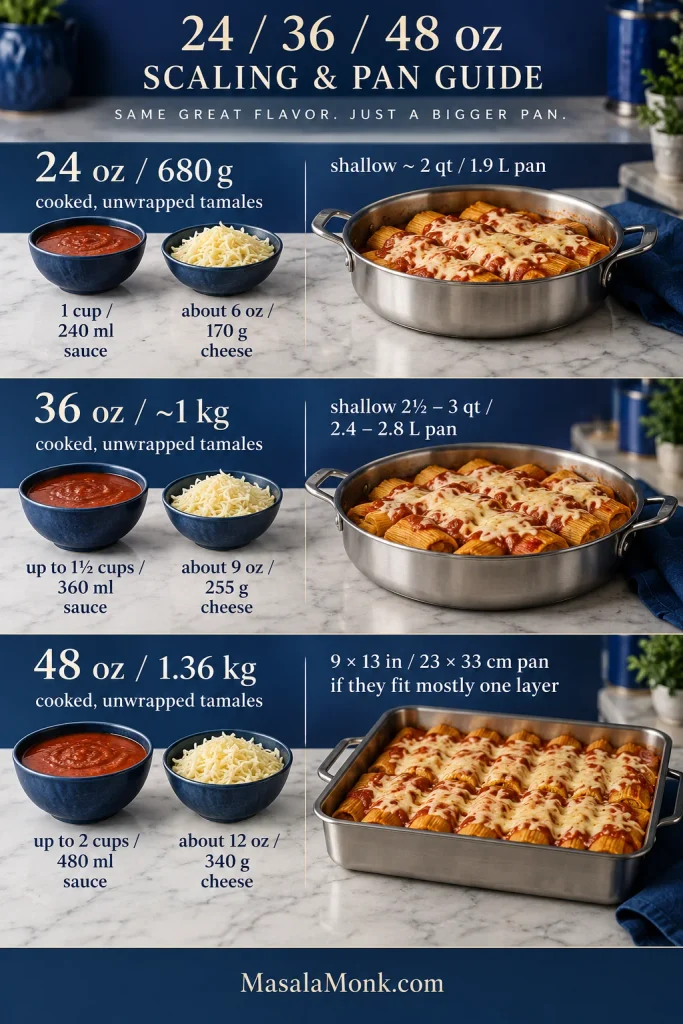 Scaling guide for 24, 36 and 48 ounces of cooked unwrapped tamales, showing increasing sauce and cheese amounts and progressively larger shallow baking dishes.