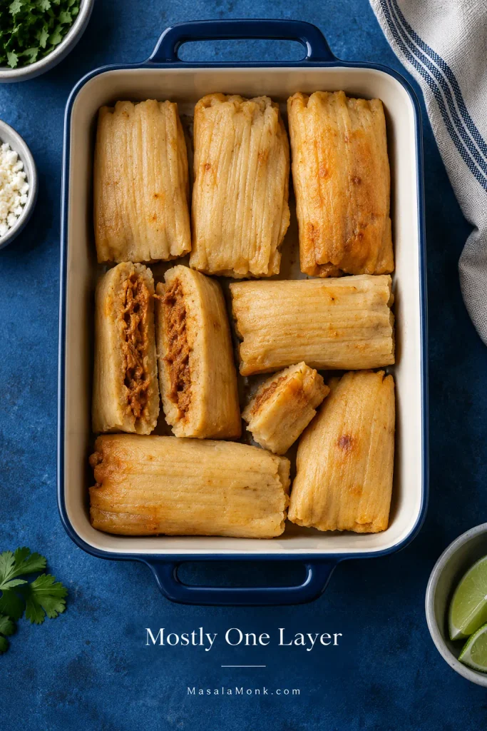 Overhead view of unwrapped tamales arranged mostly in one layer in a shallow baking dish, including whole, halved and broken tamales filling the gaps.