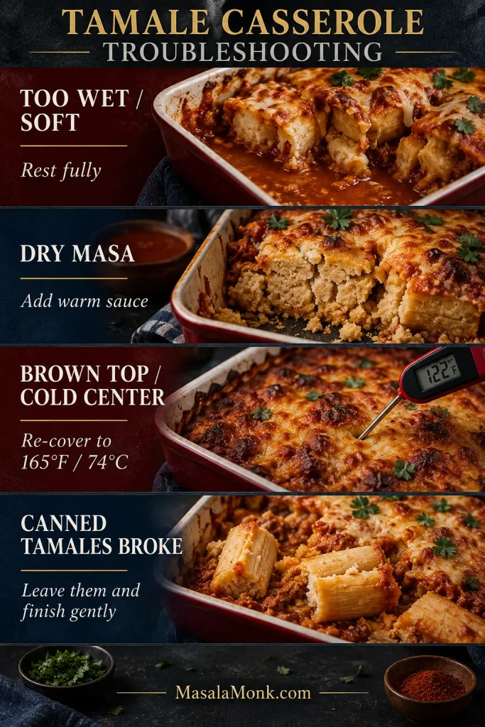 Four-panel tamale casserole troubleshooting guide showing an overly wet casserole, dry crumbly masa, a browned casserole with a 122°F cold center, and broken canned tamales, with brief fixes for each.