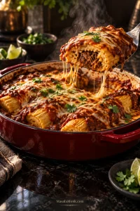 A serving of tamale casserole lifted from a red baking dish, showing browned cheese, red chile sauce, pale masa and shredded meat filling inside an unwrapped tamale.