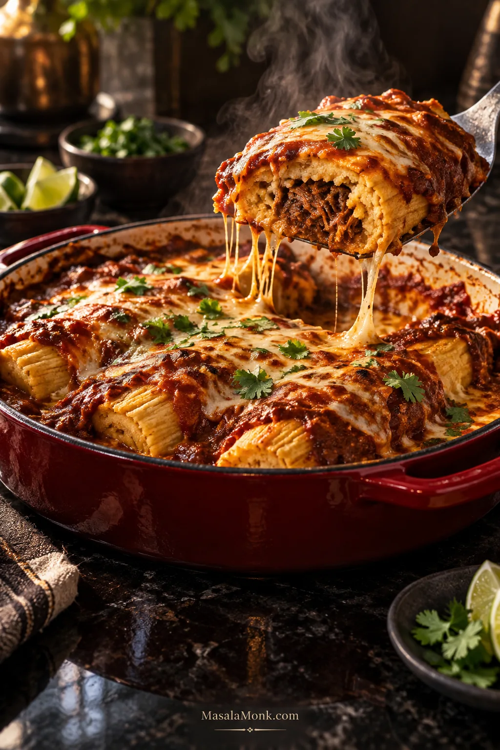 A serving of tamale casserole lifted from a red baking dish, showing browned cheese, red chile sauce, pale masa and shredded meat filling inside an unwrapped tamale.