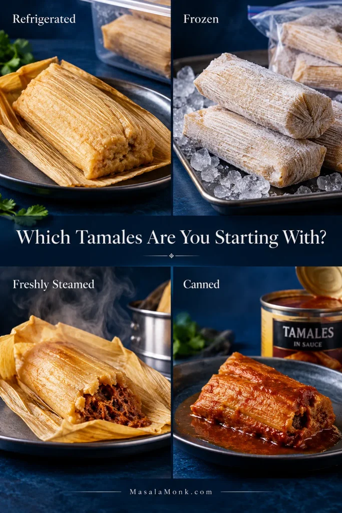 Four-panel comparison of refrigerated, frozen, freshly steamed and canned tamales, showing the different textures and conditions before making tamale casserole.