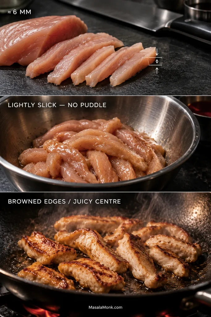 Three-stage chicken preparation showing thin raw slices measured at about six millimeters, lightly marinated glossy chicken and browned strips searing in a dark skillet.