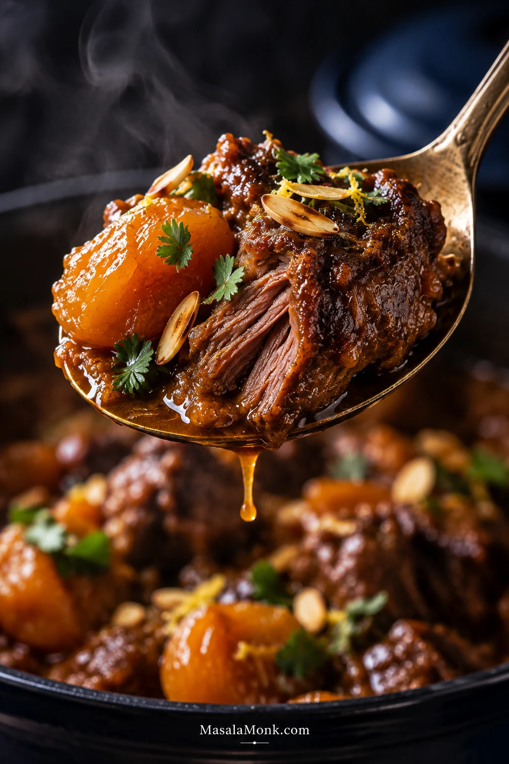 Close-up spoonful of tender braised lamb, softened apricot and glossy tagine sauce with almonds, herbs and a little lemon zest.