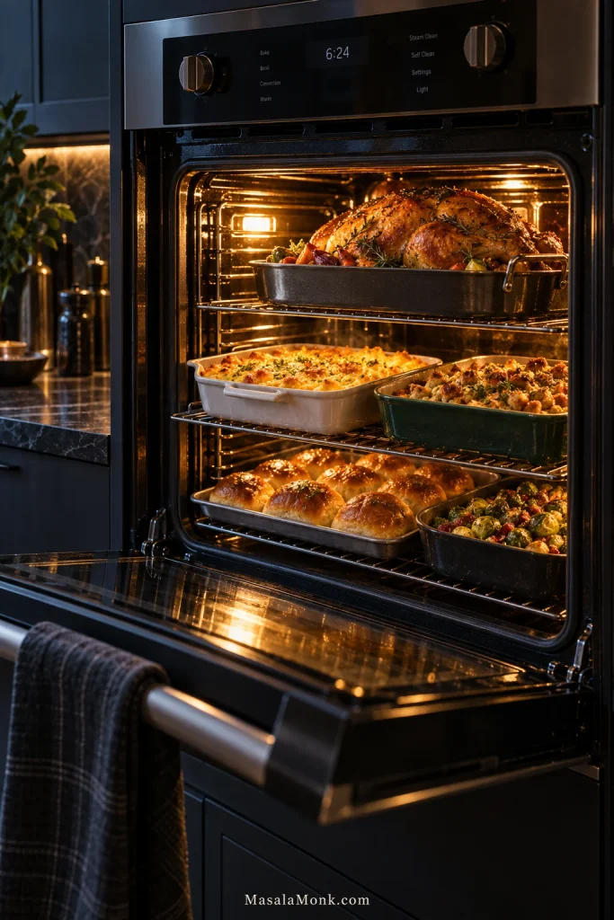 Crowded oven with turkey, corn casserole, another casserole, rolls and vegetables baking on several racks.