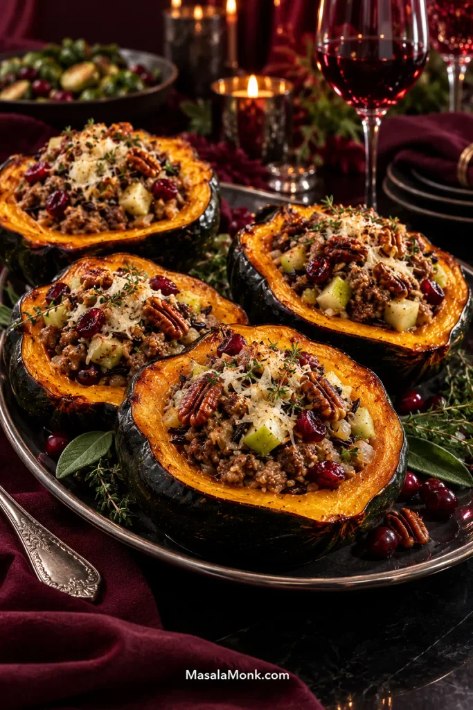 Several browned stuffed acorn squash halves with sausage, wild rice, green apple, pecans, Parmesan and a restrained amount of cranberries on a holiday platter.