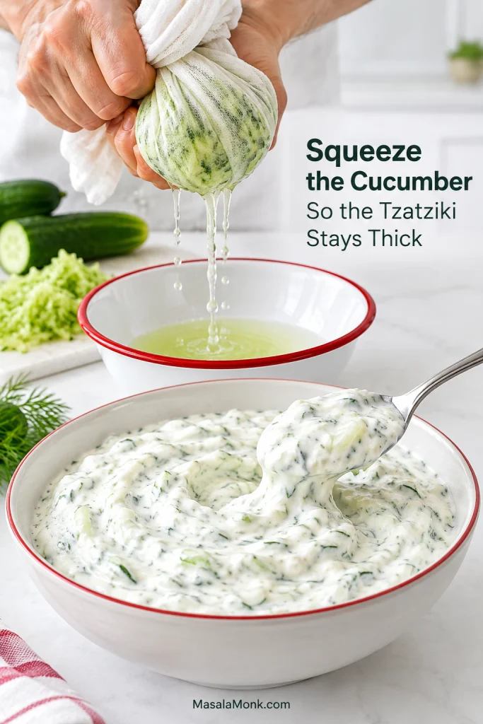 Grated cucumber being squeezed in cloth beside a bowl of thick tzatziki holding its shape on a spoon.