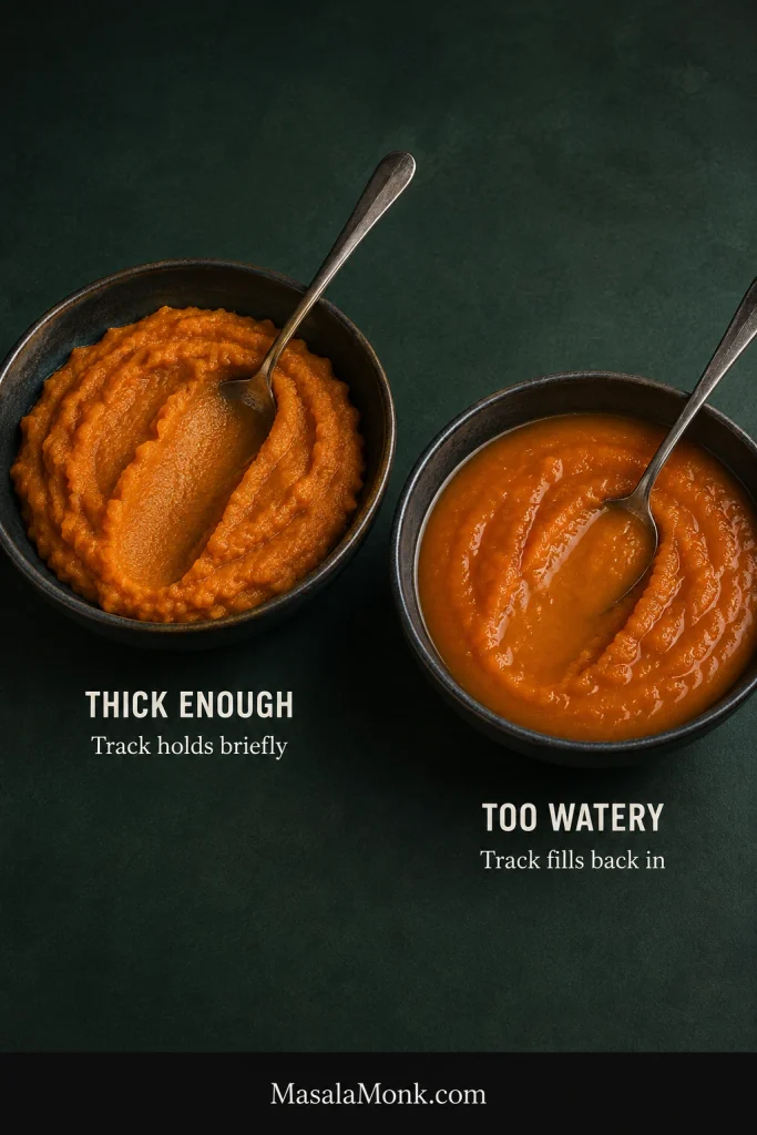 Two bowls comparing thick pumpkin purée that holds a spoon track with watery purée whose track quickly fills back in.