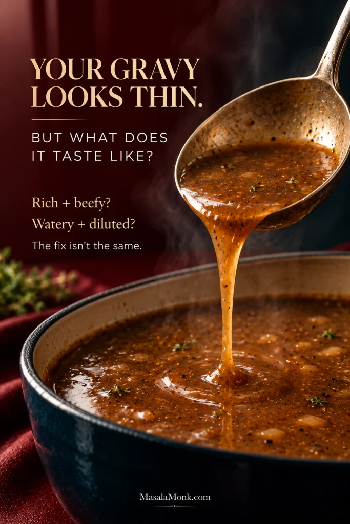 Spoon lifting loose brown beef gravy, with on-image text contrasting “Rich + beefy?” with “Watery + diluted?”