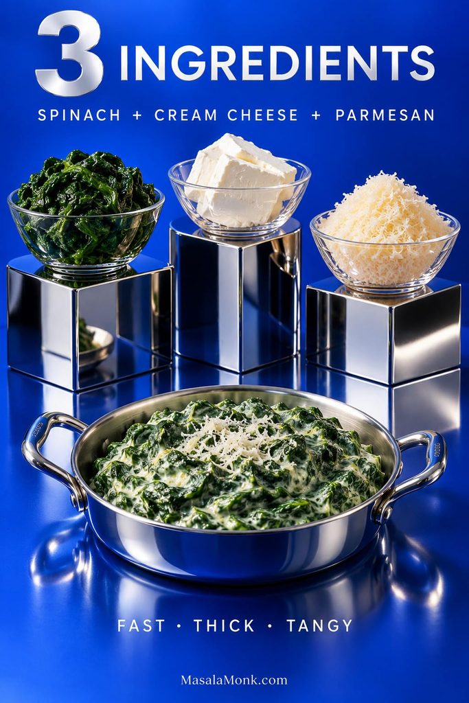 Three-ingredient creamed spinach visual showing spinach, cream cheese and grated Parmesan above the finished thick sauce.