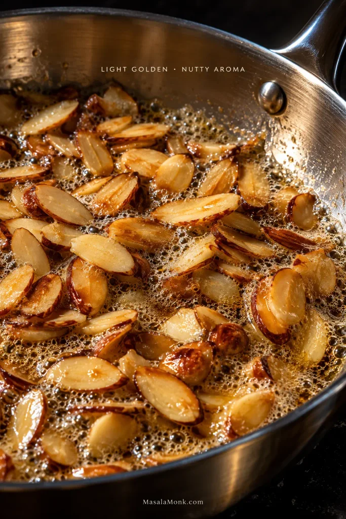 Close-up of sliced almonds turning golden in foaming butter in a stainless-steel skillet, showing the light-golden stage before deeper browning.
