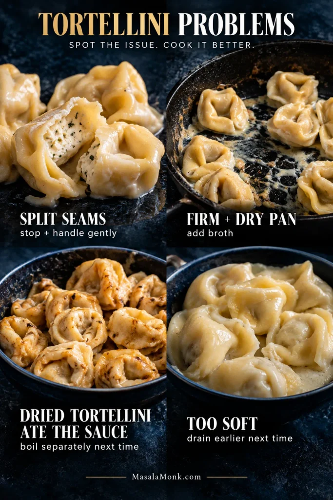 Four tortellini problem examples showing split seams, firm pasta in a dry pan, dried tortellini that absorbed most of the sauce, and swollen overcooked tortellini.