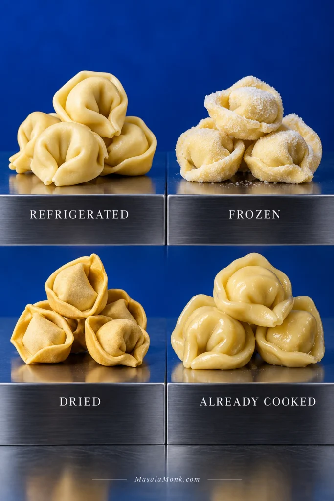 Four groups of cheese tortellini labeled refrigerated, frozen, dried and cooked, showing the different pasta states used in baked tortellini.
