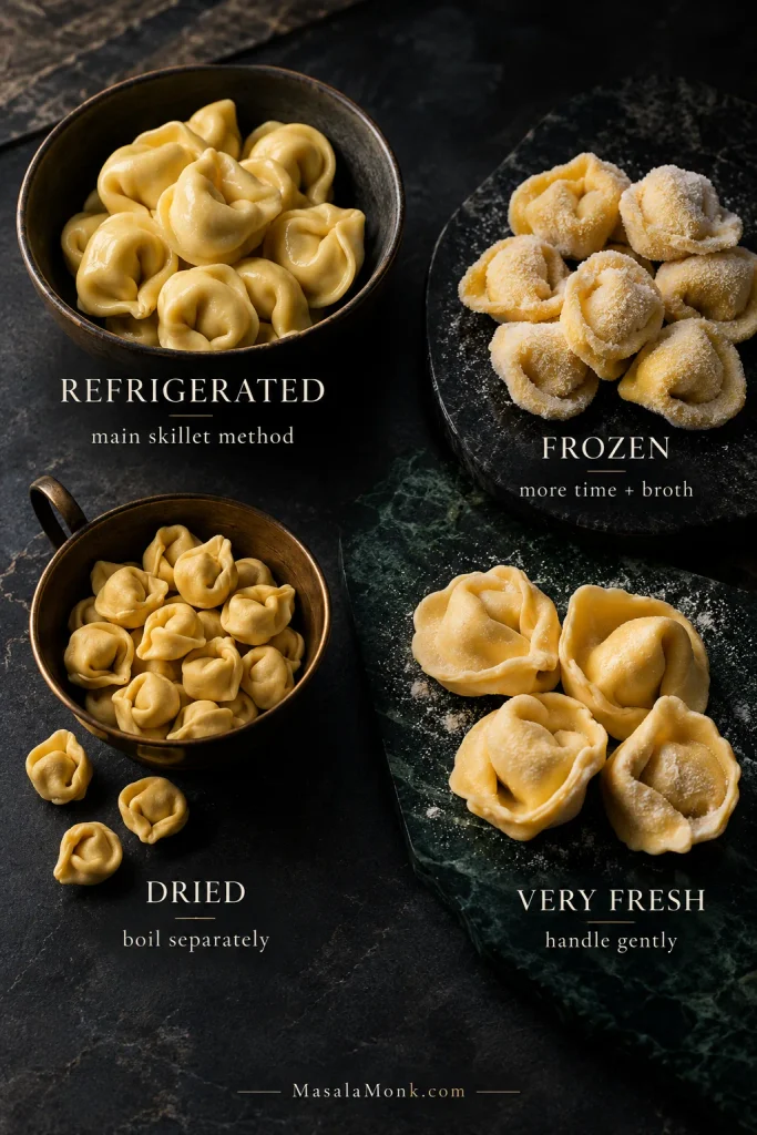 Four tortellini formats shown side by side: refrigerated for the main skillet method, frozen for more time and broth, dried to boil separately, and very fresh to handle gently.