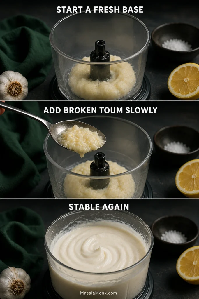 Broken toum rescue sequence showing a fresh garlic base, gradual addition of broken sauce, and a stable pale emulsion.