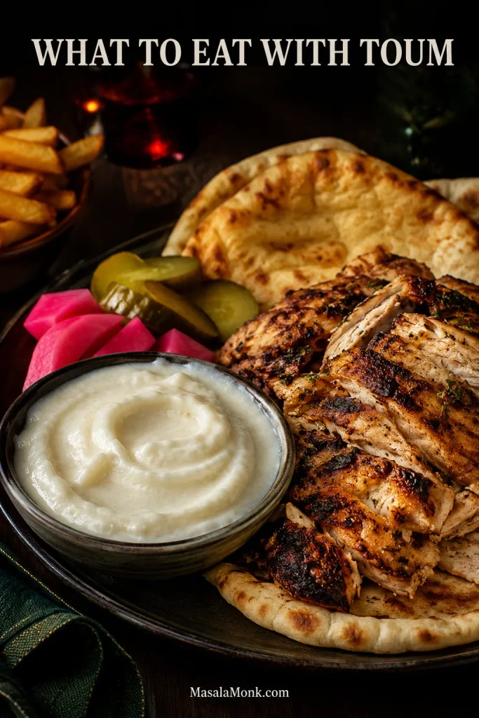 Lebanese toum served with charred chicken shawarma, warm pita and bright pink pickled turnips.
