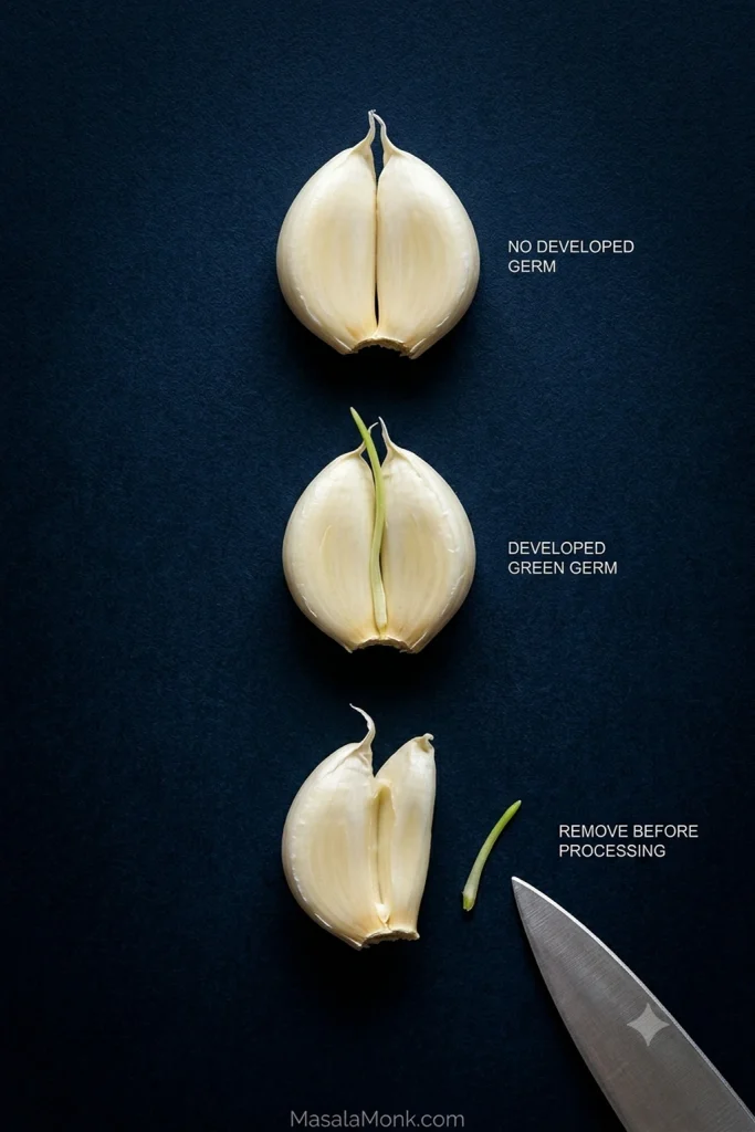 Split garlic cloves comparing a fresh clove with an older clove that has a developed green germ.