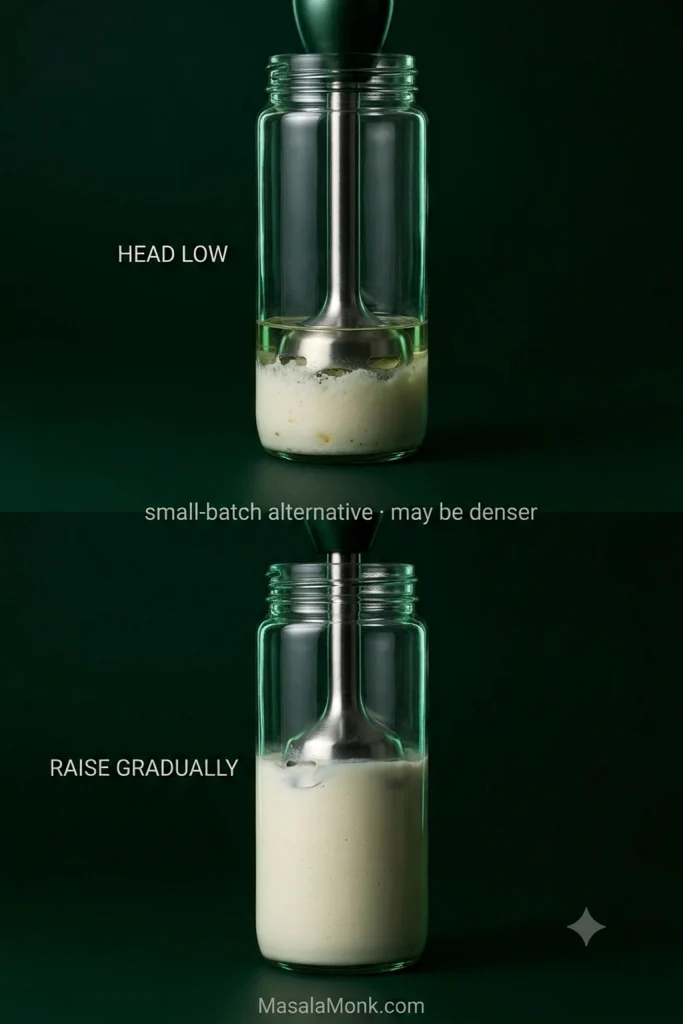 Immersion blender held low in a narrow jar as a small batch of toum begins emulsifying around the blade.