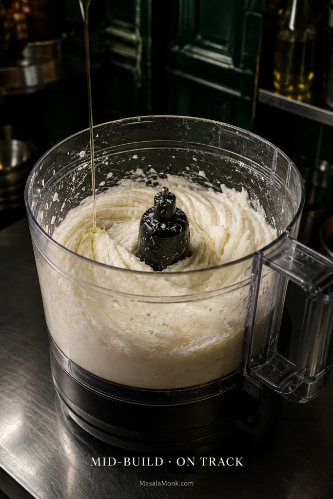 Pale toum building in a food processor with soft ridges forming as the emulsion gains volume.