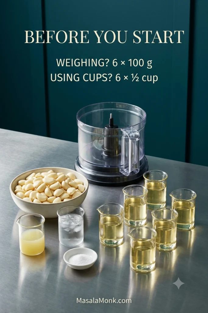 Toum ingredients arranged beside a food processor with neutral oil divided into six measured portions.