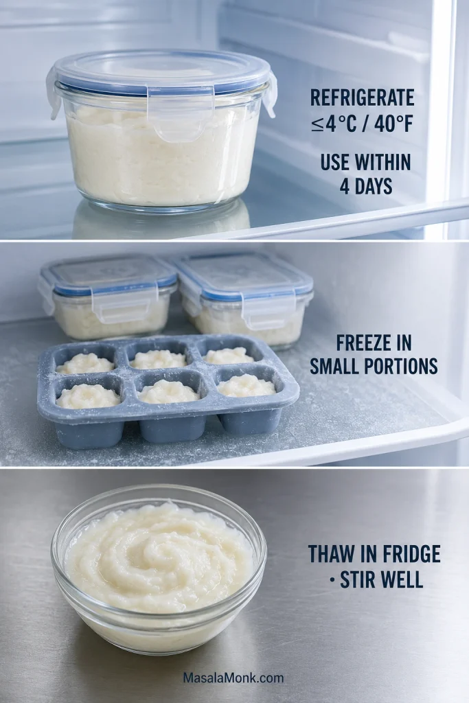Toum storage guide showing refrigerated sauce, small freezer portions and a thawed portion ready to stir.