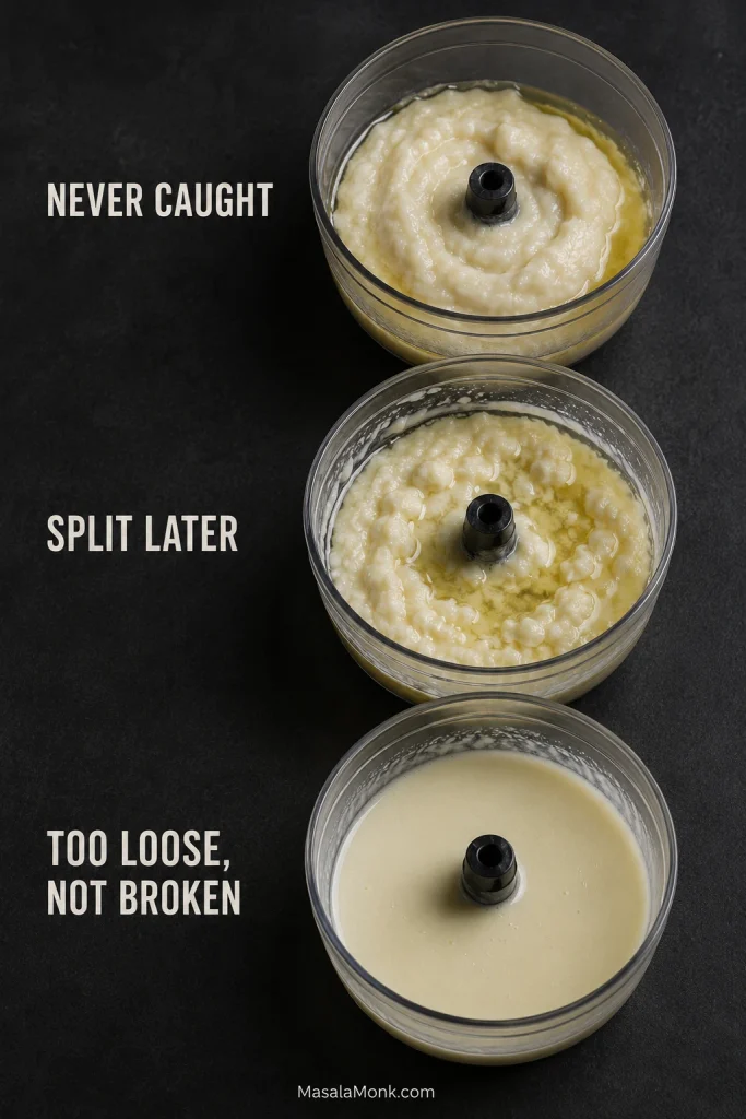 Three toum troubleshooting states showing an emulsion that never caught, one that split later, and a loose but intact sauce.