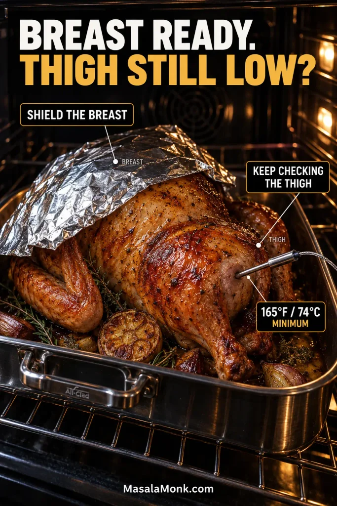 Roast turkey in an oven with the breast loosely covered in foil and a thermometer probe in the thigh, labeled to shield the breast and keep checking the thigh.