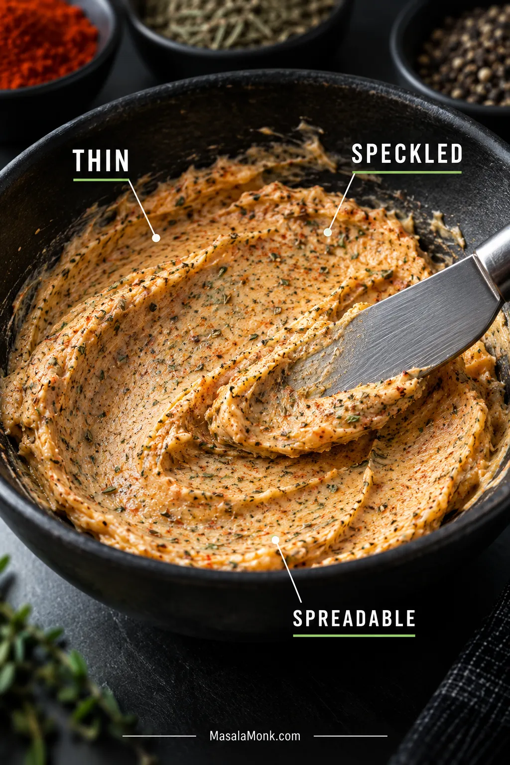 Close-up of soft paprika herb butter with fine seasoning flecks and a smooth swipe showing its spreadable texture.