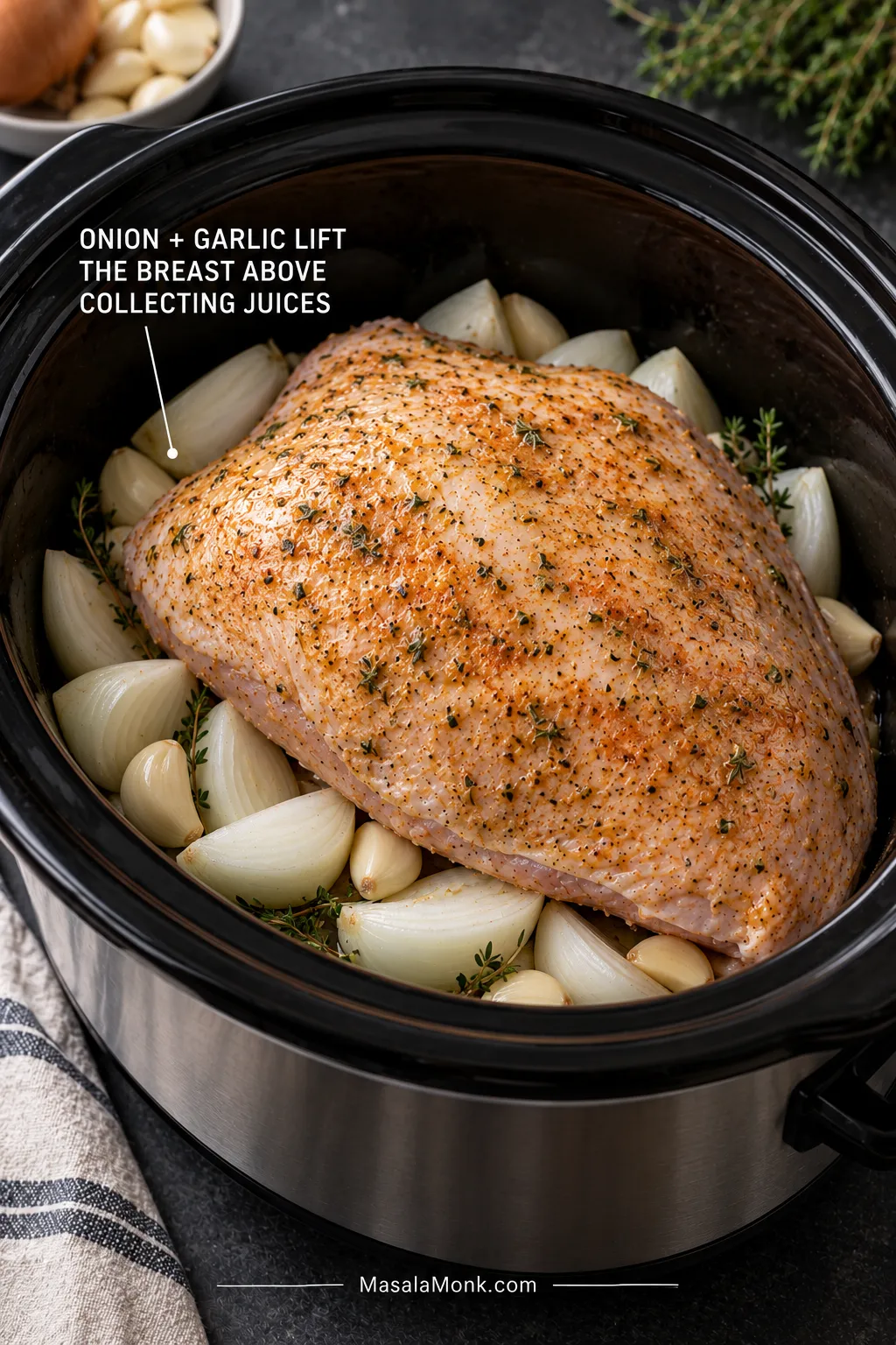 Seasoned raw turkey breast resting on large onion wedges and garlic cloves in a black slow cooker.