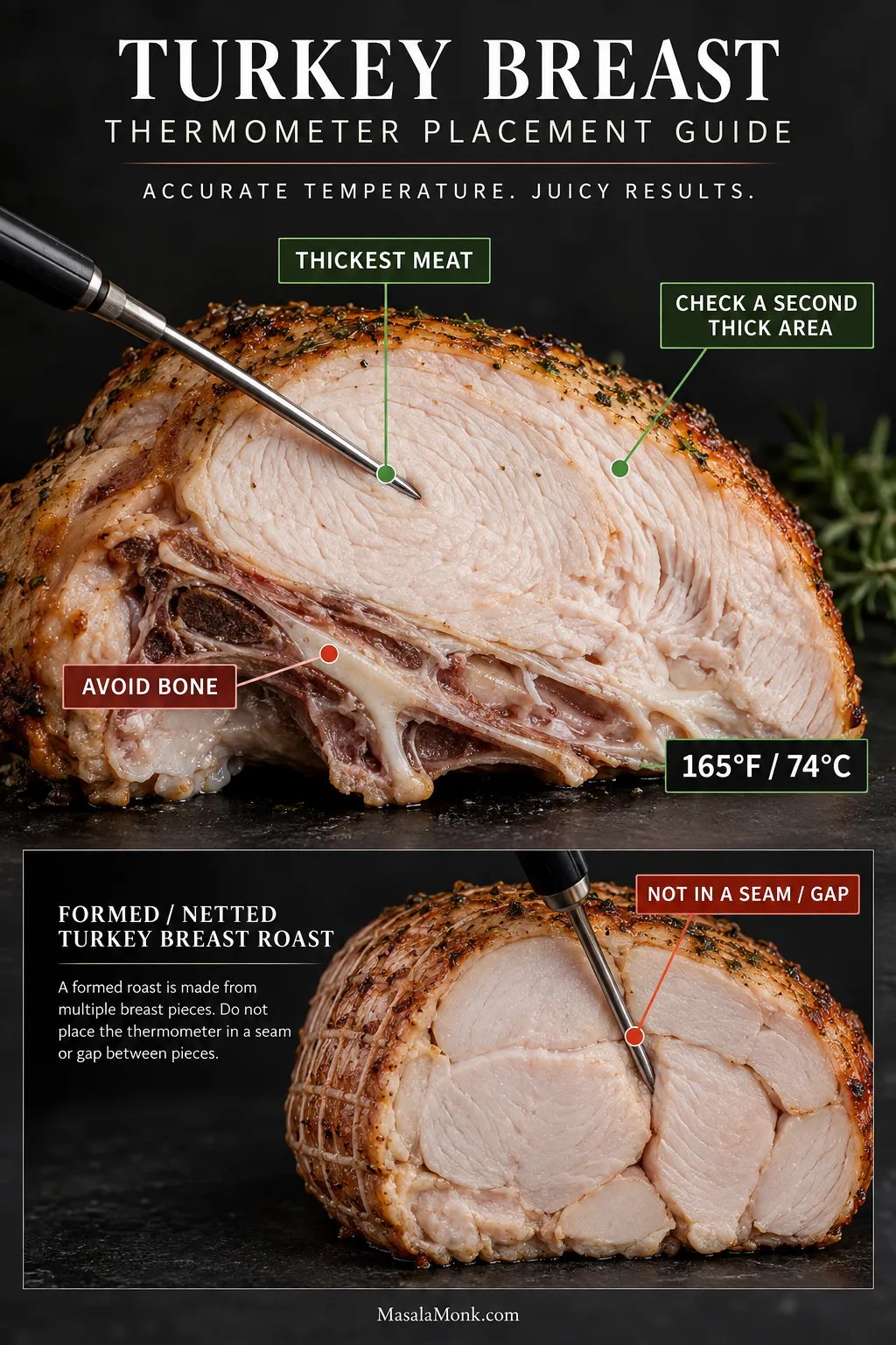 Cutaway showing a thermometer in the thickest turkey breast meat, away from bone, plus a netted roast example where a seam can give a misleading reading.