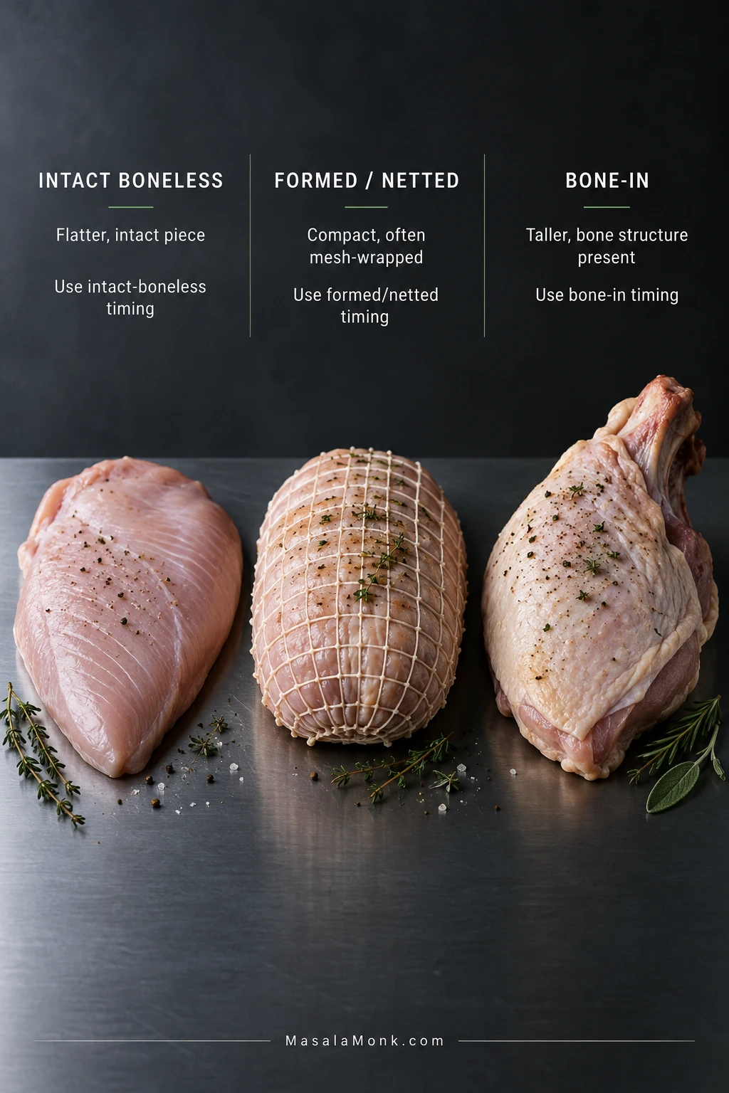 Raw intact boneless, formed netted, and bone-in turkey breasts shown side by side to compare their different shapes.